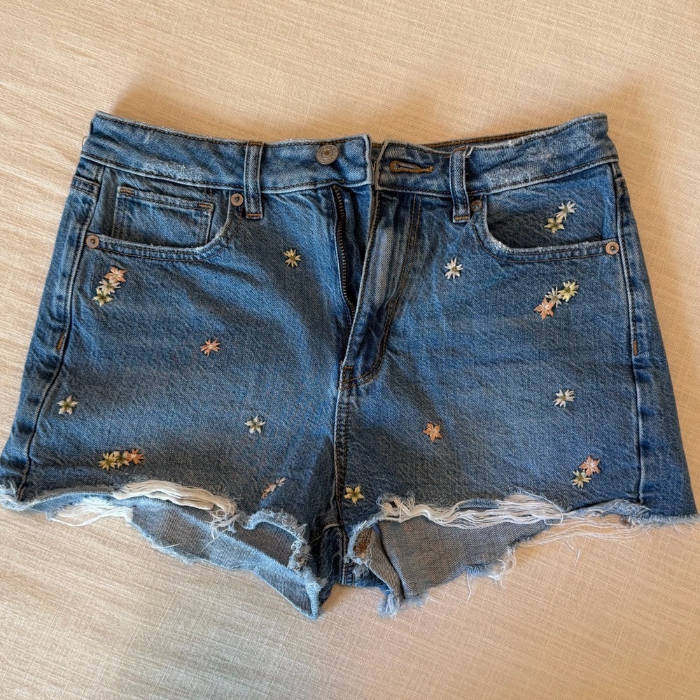American Eagle Outfitters Blue Jean Shorts with Floral Embroidery